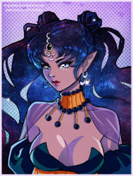 Rule 34 | 1girl, artist name, bishoujo senshi sailor moon, bishoujo senshi sailor moon supers, black dress, black hair, blue eyes, breasts, choker, cleavage, crescent, crescent earrings, dress, earrings, facial mark, forehead jewel, forehead mark, jewelry, large breasts, lipstick, long hair, makeup, mascara, nehelenia (sailor moon), pointy ears, polka dot, prywinko, red lips, see-through, signature, solo, strapless, strapless dress, upper body, very long hair, watermark, web address