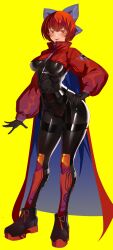 Rule 34 | 1girl, adapted costume, akatsuki records, black bodysuit, bodysuit, bow, breasts, cape, cropped jacket, dress, full body, hair bow, hand on own hip, highres, large breasts, latex, latex bodysuit, latex dress, latex legwear, latex suit, red cape, red hair, rock &#039;n&#039; rock &#039;n&#039; beat, sekibanki, short hair, simple background, skin tight, skin tight, solo, tomatolover16, touhou, yellow background