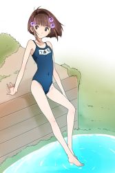 Rule 34 | 1girl, bare legs, bare shoulders, barefoot, brown eyes, brown hair, feet, flat chest, hair ornament, highres, legs, long legs, name tag, nyanyacchi, one-piece swimsuit, puddle, reala (tales), ripples, school swimsuit, short hair, sitting, soaking feet, solo, swimsuit, tales of (series), tales of destiny 2, water