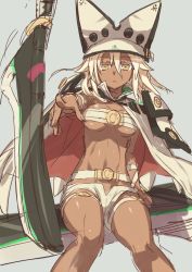 Rule 34 | 1girl, bandeau, blonde hair, brown eyes, cape, dark-skinned female, dark skin, foreshortening, guilty gear, guilty gear xrd, hat, hiraga matsuri, hirasato, jacket, jacket on shoulders, midriff, navel, outstretched arm, planted, planted sword, planted weapon, pointing, pointing at viewer, ramlethal valentine, sitting, sketch, solo, sword, weapon, white hair
