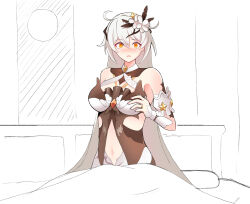 Rule 34 | 1girl, absurdres, antenna hair, bails, bare shoulders, bed, blush, breasts, cleavage, commentary, crying, diamond-shaped pupils, diamond (shape), dress, flower, gloves, hair between eyes, hair flower, hair ornament, highres, honkai (series), honkai impact 3rd, kiana kaslana, kiana kaslana (herrscher of the void), large breasts, long hair, looking at viewer, medium breasts, navel, open mouth, pillow, simple background, solo, streaming tears, symbol-shaped pupils, tears, white gloves, white hair, yellow eyes