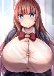 Rule 34 | .live, 1girl, absurdres, blue eyes, blush, bow, breasts, breasts squeezed together, brooch, brown hair, buttons, commission, dot nose, hair bow, highres, huge breasts, jewelry, kakyouin chieri, long hair, looking at viewer, pixiv commission, red bow, shirt, sinape, smile, solo, symbol-shaped pupils, upper body, virtual youtuber, white shirt