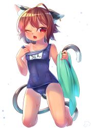 Rule 34 | 1girl, ;d, ahoge, alternate costume, animal ear fluff, animal ears, arm up, artist logo, blush, breasts, brown eyes, brown hair, buruma, cat ears, cat tail, chen, commentary request, earrings, fang, full body, unworn headwear, highres, holding, holding towel, ibaraki natou, jewelry, kneeling, looking to the side, multiple tails, nekomata, one eye closed, open mouth, short hair, sidelocks, simple background, single earring, small breasts, smile, solo, sweatdrop, swimsuit, tail, tan, tanline, thighs, touhou, towel, two tails, wet, wet clothes, white background