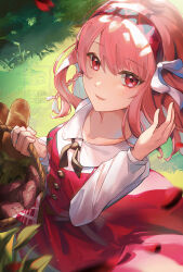 Rule 34 | 1girl, absurdres, baguette, basket, braid, bread, casual, fire emblem, food, hair ribbon, hairband, highres, holding, holding basket, lapis (fire emblem), looking at viewer, lunachaili, nintendo, official alternate costume, picnic basket, pink eyes, pink hair, red eyes, red hairband, ribbon, short hair, side braid, solo, swept bangs, two-tone hairband, white ribbon