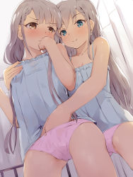 Rule 34 | 2girls, bare arms, bare shoulders, blue camisole, blue eyes, blush, bow, bow panties, braid, grabbing another&#039;s breast, breasts, brown eyes, camisole, closed mouth, collarbone, commentary request, earrings, fingering, frilled camisole, frills, grabbing, grabbing from behind, grey hair, hand in panties, hands up, highres, hisakawa hayate, hisakawa nagi, idolmaster, idolmaster cinderella girls, incest, indoors, jewelry, long hair, multiple girls, nose blush, panties, pink panties, seneto, siblings, sisters, small breasts, smile, standing, twincest, twins, underwear, underwear only, v-shaped eyebrows, very long hair, wavy mouth, yuri
