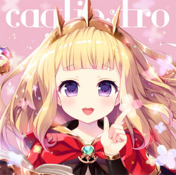 Rule 34 | 10s, 1girl, :d, blonde hair, blunt bangs, blush, book, cagliostro (granblue fantasy), character name, collarbone, flower, gradient background, granblue fantasy, hairband, holding, holding book, konomi (kino konomi), long hair, looking at viewer, open book, open mouth, pink background, purple eyes, smile, solo, sparkle, spikes