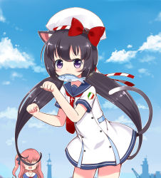 Rule 34 | 2girls, animal ears, antonio da noli (zhan jian shao nyu), badge, black hair, blue background, blue sky, blush, bow, buttons, clenched hands, cloud, covered eyes, day, double-breasted, dress, fish, fish in mouth, hat, highres, italian flag, linda b, long sleeves, looking at viewer, multiple girls, open mouth, outdoors, outline, paw pose, pink hair, purple eyes, red bow, sailor collar, short sleeves, sky, twintails, ugolino vivaldi (warship girls r), warship girls r, white dress, white hat, white outline