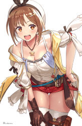 Rule 34 | 1girl, :d, armpit peek, atelier (series), atelier ryza, atelier ryza 1, belt, belt buckle, beret, blue belt, blush, breasts, brown belt, brown eyes, brown gloves, brown hair, buckle, cleavage, collarbone, cuboon, detached sleeves, flask, gloves, hair ornament, hairclip, hand on own hip, hand on own thigh, hat, jacket, jewelry, leaning forward, leather, leather belt, leather gloves, long sleeves, looking at viewer, medium breasts, midriff peek, navel, necklace, open mouth, pouch, red shorts, reisalin stout, round-bottom flask, shirt, short hair, short shorts, shorts, simple background, single glove, sleeveless, sleeveless jacket, smile, solo, star (symbol), star necklace, teeth, thigh gap, thigh pouch, thighhighs, thighs, tsurime, twitter username, upper teeth only, white background, white hat, white shirt, white sleeves, white thighhighs, yellow jacket