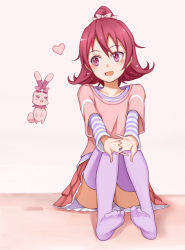 Rule 34 | 1girl, :d, aida mana, blouse, blush, bow, dokidoki! precure, feet, flipped hair, half updo, heart, interlocked fingers, no shoes, open mouth, outstretched arms, pink bow, pink eyes, pink hair, pink shirt, precure, purea, purple thighhighs, sharuru (dokidoki! precure), shirt, short hair, sitting, skirt, smile, soles, solo, striped clothes, striped shirt, thighhighs, toes