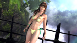 Rule 34 | 3d, absurdres, bikini, breasts, brown hair, dead or alive, dead or alive 5, hairband, highres, hitomi (doa), large breasts, nature, official art, rainbow, scenery, solo, swimsuit, tecmo, water, waterfall