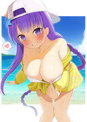 Rule 34 | 1girl, absurdres, backwards hat, bad id, bad pixiv id, bandeau, bandeau pull, bare shoulders, baseball cap, bb (fate), bb (fate) (all), bb (swimsuit mooncancer) (fate), bb (swimsuit mooncancer) (first ascension) (fate), beach, bikini, bikini pull, blush, breasts, choco tanuki, clothes pull, day, drawstring, fate/grand order, fate (series), hair ornament, hat, heart, highres, jacket, large breasts, leaning forward, long braid, long hair, looking at viewer, ocean, off shoulder, outdoors, outside border, parted lips, purple eyes, purple hair, skirt, sky, smile, solo, spoken heart, star (symbol), star hair ornament, swimsuit, very long hair, white bikini, white hat, yellow jacket, yellow skirt