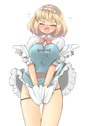Rule 34 | 1girl, alice margatroid, arnest, bad id, bad twitter id, blonde hair, blue dress, blue eyes, blush, bow, breasts, capelet, clothes lift, covering privates, covering crotch, dress, dress lift, closed eyes, groin, hairband, hand in underwear, highres, large breasts, lolita hairband, open mouth, puffy short sleeves, puffy sleeves, red bow, red hairband, red neckwear, sash, shame, short hair, short sleeves, simple background, solo, tears, touhou, white background, white capelet, wind, wind lift