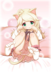 Rule 34 | 1girl, ahoge, animal ears, blonde hair, blush, cat ears, cat girl, cat tail, dress, green eyes, hair ornament, highres, hosizora mikoto, idolmaster, idolmaster cinderella girls, kemonomimi mode, long hair, looking at viewer, low twintails, no shoes, open mouth, shirt, socks, soles, solo, tail, twintails, yusa kozue