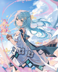 Rule 34 | 1girl, aqua hair, backless dress, backless outfit, bare back, bare shoulders, blue sky, breasts, clothing cutout, cloud, dress, faruzan (genshin impact), genshin impact, green eyes, halter dress, halterneck, hand up, highres, long hair, looking at viewer, looking to the side, open mouth, parted lips, short dress, short sleeves, shoulder cutout, sky, small breasts, solo, symbol-shaped pupils, triangle-shaped pupils, twintails, white background, white dress, yajuu