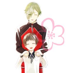 Rule 34 | 10s, 2boys, bad id, bad twitter id, bob cut, casual, cherry blossoms, closed eyes, eyes visible through hair, flower, green hair, hair over one eye, hands on another&#039;s shoulders, highres, hirano toushirou, jacket, male focus, multiple boys, simple background, smile, touken ranbu, touken ranbu: hanamaru, track jacket, track suit, uguisumaru, upper body