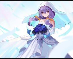 Rule 34 | 1girl, atsuko (blue archive), blue archive, blue flower, bouquet, breasts, closed mouth, dress, falken (yutozin), flower, highres, holding, holding bouquet, letterboxed, medium breasts, purple hair, red eyes, smile, solo, two side up, wedding dress, white background