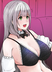 Rule 34 | 1girl, :d, bare shoulders, black bow, black bowtie, black bra, blunt bangs, bow, bowtie, bra, breasts, cleavage, couch, detached collar, detached sleeves, flying sweatdrops, green eyes, grey hair, h2o (ddks2923), highres, hololive, indoors, large breasts, long hair, navel, open mouth, print bra, puffy short sleeves, puffy sleeves, shirogane noel, shirogane noel (dirndl), short sleeves, sitting, skindentation, smile, solo, underwear, upper body, virtual youtuber
