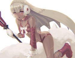 Rule 34 | altera (fate), altera the santa (fate), bad id, bad pixiv id, bare shoulders, blonde hair, blush, bow, breasts, choker, dark-skinned female, dark skin, detached sleeves, earmuffs, fate/grand order, fate (series), full-body tattoo, gale kawaii, headdress, mittens, open mouth, red eyes, red footwear, revealing clothes, short hair, sitting, small breasts, solo, tattoo, veil, white bow, white mittens
