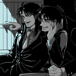 Rule 34 | 2boys, artist name, blazer, clenched hand, clenched teeth, collared shirt, commentary request, dated, formal, greyscale, highres, ichijou seiya, jacket, kaiji, long hair, long sleeves, male focus, medium bangs, monochrome, multiple boys, murakami tamotsu, necktie, open mouth, pointing, shirt, smile, suit, teeth, unknown03162, upper body