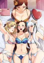 Rule 34 | 4girls, armpits, bad id, bad pixiv id, blonde hair, blush, bra, breasts, brown eyes, brown hair, cellphone, cleavage, drooling, female focus, frilled bra, frills, garter belt, garter straps, girl sandwich, gluteal fold, hand on another&#039;s head, harem, heart, heart-shaped pupils, heart in mouth, highres, katarina claes, lap pillow, large breasts, lingerie, long hair, maria campbell, mary hunt, matching hair/eyes, medium breasts, multiple girls, navel, open mouth, otome game no hametsu flag shika nai akuyaku reijou ni tensei shite shimatta, panties, phone, sandwiched, selfie, short hair, silver hair, small breasts, smartphone, sophia ascart, stomach, symbol-shaped pupils, thighhighs, underwear, underwear only, xter, yuri