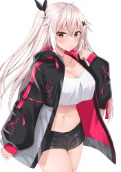 Rule 34 | 1girl, black jacket, black shorts, breasts, cleavage, closed mouth, cowboy shot, crop top, crop top overhang, etna (kuzuyu), frown, hair ornament, hand up, highres, jacket, komori kuzuyu, large breasts, long hair, looking at viewer, midriff, navel, one side up, open clothes, open jacket, original, puffy sleeves, red eyes, shirt, short shorts, shorts, simple background, solo, standing, stomach, thighs, v-shaped eyebrows, white background, white hair, white shirt