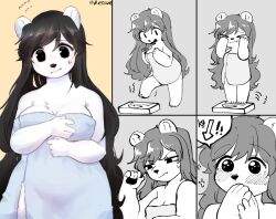 Rule 34 | 1girl, :t, animal ears, arrow (symbol), bear ears, bear girl, black eyes, black hair, blush, breasts, comic, female focus, flying sweatdrops, furry, furry female, hand to own mouth, highres, large breasts, left-to-right manga, long hair, looking down, naked towel, original, partially colored, ressue (gomgom), silent comic, solo, surprised, sweatdrop, tareme, towel, twitter username, very long hair, weighing scale, weight conscious
