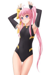 Rule 34 | 10s, 1girl, armpits, arms up, black leotard, blue eyes, blush, bow, breasts, detached sleeves, embarrassed, hair bow, leotard, long hair, long sleeves, mutsumura ryuuichi, open mouth, pink hair, ranjou satsuki, seiken tsukai no world break, small breasts, standing, twintails, white background