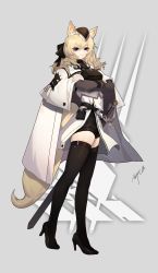 Rule 34 | 1girl, absurdres, animal ear fluff, animal ears, arknights, belt, black footwear, black hat, black ribbon, black thighhighs, blonde hair, blue eyes, breasts, cape, closed mouth, crossed arms, full body, garrison cap, grey background, hair ribbon, hands on own hips, hat, high heels, highres, horse ears, horse girl, horse tail, jungsungwoo, kingdom of kazimierz logo, long hair, long sleeves, looking at viewer, medium breasts, ribbon, sheath, sheathed, short eyebrows, signature, smile, solo, standing, swept bangs, sword, tail, thighhighs, weapon, whislash (arknights), white cape