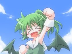 Rule 34 | &gt; &lt;, 1girl, :d, > <, blush stickers, child, cuffs, dorako, dragon girl, closed eyes, fang, green hair, kso, lowres, monster girl, open mouth, pointy ears, ponytail, qvga, sky, smile, solo, viprpg, wings, xd