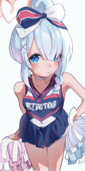 Rule 34 | 1girl, absurdres, alternate costume, arona (blue archive), blue archive, blue eyes, blue hair, blue shirt, blue skirt, bow, breasts, cheerleader, choker, hair bow, hair ornament, highres, holding, holding pom poms, looking at viewer, multicolored bow, pisaso, pom pom (cheerleading), pom poms, puffy cheeks, shirt, skirt, small breasts, solo, white background, white choker, x hair ornament