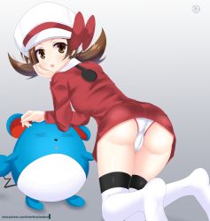 Rule 34 | 1girl, :d, ass, blush, bow, brown eyes, brown hair, cameltoe, creatures (company), dress, from behind, game freak, gen 2 pokemon, hand on own chin, hat, hat bow, helvetica std, highres, kneeling, leaning, looking at viewer, looking back, lyra (pokemon), marill, nintendo, no shoes, open mouth, panties, pantyshot, pokemon, pokemon (creature), pokemon hgss, red bow, red dress, simple background, smile, thighhighs, thighs, twintails, underwear, upskirt, white headwear, white panties, white thighhighs