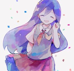 Rule 34 | 1girl, arm behind back, clenched hand, closed eyes, collared shirt, commentary, confetti, hair between eyes, highres, long hair, mari (headspace) (omori), mari (omori), neckerchief, omori, open mouth, purple hair, red neckerchief, red skirt, shirt, short sleeves, skirt, smile, solo, sweater vest, symbol-only commentary, toukashi (2tou9), white background, white shirt