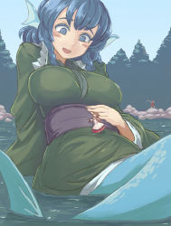 Rule 34 | 3girls, :d, animal ears, aqua eyes, blue eyes, blue hair, bow, breasts, brown hair, cape, fins, fishing rod, giant, giantess, hair bow, hand on own stomach, head fins, highres, imaizumi kagerou, japanese clothes, large breasts, long hair, mermaid, monster girl, multiple girls, obi, open mouth, red hair, sash, sekibanki, short hair, smile, touhou, tree, utopia, wakasagihime, water, wolf ears