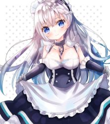 Rule 34 | 1girl, apron, apron hold, azur lane, belfast (azur lane), between breasts, black dress, blue eyes, blush, braid, breasts, chain, cleavage, closed mouth, collarbone, commentary request, dress, elbow gloves, frilled apron, frills, gloves, grey gloves, hair between eyes, head tilt, highres, kohaku muro, long hair, looking at viewer, maid, maid headdress, medium breasts, polka dot, polka dot background, silver hair, sleeveless, sleeveless dress, smile, solo, very long hair, waist apron, white apron, white background