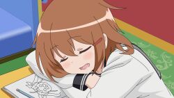 Rule 34 | 1girl, brown eyes, brown hair, carpet, couch, crossed arms, fang, highres, ikazuchi (kancolle), kantai collection, mechanical pencil, open mouth, paper, parody, pencil, short hair, sleeping, solo, style parody, sugapi