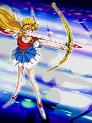 Rule 34 | 1990s (style), 1girl, akazukin chacha, arrow (projectile), bare legs, belt, blonde hair, bow (weapon), bracelet, bracer, brown eyes, cape, collarbone, female focus, floating cape, floating hair, full body, hairband, head wings, highres, holding, holding weapon, jewelry, legs, long hair, magical princess, neck, neck ring, red cape, red hairband, retro artstyle, serious, shadow, shoes, short sleeves, skirt, solo, standing, weapon, white footwear, white skirt, wings