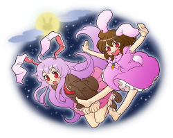 Rule 34 | 2girls, animal ears, arata iri, bad id, bad pixiv id, barefoot, black hair, rabbit ears, feet, female focus, inaba tewi, long hair, moon, multiple girls, outstretched arms, purple hair, red eyes, reisen udongein inaba, short hair, spread arms, touhou