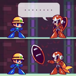 Rule 34 | ..., 2boys, blue eyes, closed mouth, highres, humanoid robot, laser-lance, looking at another, mega man (character), mega man (classic), mega man (series), mega man 7, multiple boys, open mouth, proto man, robot, scarf, shield, speech bubble, spoken ellipsis, yellow scarf