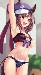 Rule 34 | absurdres, alternate costume, animal ears, arm up, armpits, blush, breasts, cleavage, collarbone, commentary request, cross-laced clothes, cross-laced one-piece swimsuit, hat, highres, horse ears, horse girl, horse tail, matikane tannhauser (umamusume), medium breasts, medium hair, navel, open mouth, ribbon, shinonome halltro, swimsuit, tail, umamusume