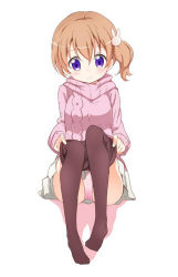 Rule 34 | 1girl, aran sweater, blush, breasts, brown pantyhose, cable knit, closed mouth, clothes pull, gochuumon wa usagi desu ka?, hair between eyes, hair ornament, hoto cocoa, itamochi, long sleeves, looking at viewer, no shoes, orange hair, panties, pantyhose, pantyhose pull, pantyshot, pink panties, pink sweater, pleated skirt, purple eyes, rabbit hair ornament, shadow, short hair, side ponytail, sitting, skirt, small breasts, smile, solo, sweater, underwear, undressing, upskirt, white background, white skirt