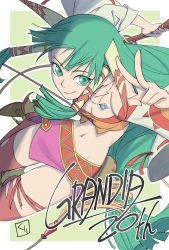 Rule 34 | 1girl, anniversary, breasts, cleavage, closed mouth, copyright name, detached sleeves, feena (grandia), grandia, grandia i, green eyes, green hair, hair tubes, highres, jewelry, long hair, looking at viewer, midriff, miniskirt, navel, necklace, purple skirt, red thighhighs, skirt, smile, solo, sones, thighhighs, v, whip, zettai ryouiki