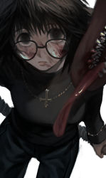 Rule 34 | 1girl, absurdres, black eyes, black hair, black skirt, cross, denim, female focus, from above, glasses, highres, hunter x hunter, inverted cross, jeans, jewelry, looking at viewer, looking up, necklace, pants, shizuku murasaki, skirt, solo, tongue, tongue out, vacuum cleaner, xi hsi