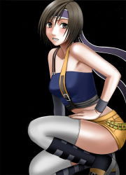Rule 34 | 1990s (style), 1girl, bare shoulders, breasts, brown eyes, brown hair, crimson comics, dirge of cerberus final fantasy vii, female focus, final fantasy, final fantasy vii, headband, midriff, retro artstyle, simple background, solo, squatting, thighhighs, white thighhighs, yuffie kisaragi