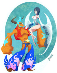 Rule 34 | 1boy, 1girl, artist request, black hair, blue background, blue hair, blue male swimwear, blue swim briefs, couple, franky (one piece), high heels, horns, male swimwear, nico robin, one piece, open clothes, open shirt, shirt, shoes, sitting, star (symbol), sunglasses, swim briefs, swimsuit, wings