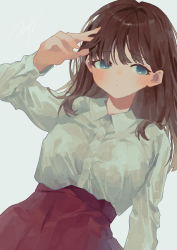 Rule 34 | 1girl, blue eyes, blush, brown hair, closed mouth, collared shirt, commentary request, dress shirt, hand up, high-waist skirt, highres, long hair, long sleeves, looking at viewer, original, potg (piotegu), red skirt, shirt, signature, simple background, skirt, solo, white background, white shirt