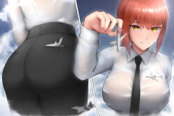 Rule 34 | 1girl, aircraft, airplane, ass, chainsaw man, giant, giantess, giganticjoke, huge giantess, makima (chainsaw man), necktie, red hair, shirt, smile, solo, white shirt, yellow eyes