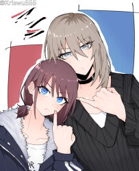 Rule 34 | 2girls, :&lt;, black choker, black sweater, blue eyes, blue jacket, blush, brown hair, choker, closed mouth, collarbone, commentary, girls band cry, grey eyes, grey hair, hair between eyes, hashtag-only commentary, highres, hood, hooded jacket, iseri nina, jacket, kawaragi momoka, long hair, long sleeves, low twintails, multicolored hair, multiple girls, open clothes, open jacket, outline, pinky out, roots (hair), shirt, short hair, short twintails, sweater, twintails, twitter username, upper body, white outline, white shirt, wuwuwu (kriswu555)
