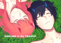 Rule 34 | 10s, 12itiniti, 1boy, 1girl, absurdres, black hair, blue horns, closed eyes, commentary request, couple, darling in the franxx, english text, grass, hetero, highres, hiro (darling in the franxx), horns, long hair, lying, on back, oni horns, petals, pink hair, red horns, short hair, sleeping, topless male, zero two (darling in the franxx)