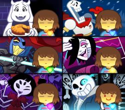 Rule 34 | 3boys, 3girls, = =, androgynous, armor, arthropod girl, black hair, blue eyes, bone, brown hair, c:, closed eyes, colored sclera, colored skin, cup, energy spear, extra arms, extra eyes, eyelashes, eyepatch, fangs, food, frisk (undertale), furry, gloves, glowing, glowing eye, graph, grin, hair over one eye, hair ribbon, heart, horns, insect girl, jacket, knife, mettaton, mettaton ex, monster, muffet, muffet&#039;s pet, multiple boys, multiple girls, one eye closed, open mouth, papyrus (undertale), pie, polearm, ponytail, purple skin, red eyes, red hair, ribbon, sans (undertale), scarf, sharp teeth, shirt, short twintails, skeleton, skull, smile, snow, spear, spider girl, spoilers, striped clothes, striped shirt, teacup, teeth, tongue, tongue out, toriel, twintails, two side up, undertale, undyne, unoobang, weapon, yellow sclera, yellow teeth