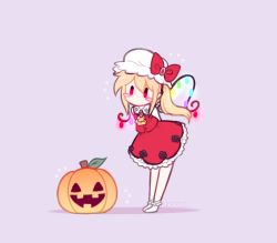 Rule 34 | 1girl, arms behind back, ascot, blonde hair, blush stickers, bow, brooch, chibi, dreamysuite, flandre scarlet, frills, full body, glowing, glowing wings, hat, hat bow, jack-o&#039;-lantern, jewelry, leaning forward, mob cap, no mouth, no nose, no shoes, pink background, pumpkin, red eyes, side ponytail, simple background, skirt, skirt set, socks, solo, touhou, wings, yellow ascot, | |
